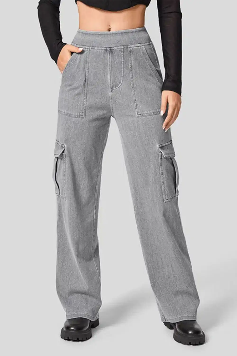 High Waist Straight Leg Cargo Denim Jeans