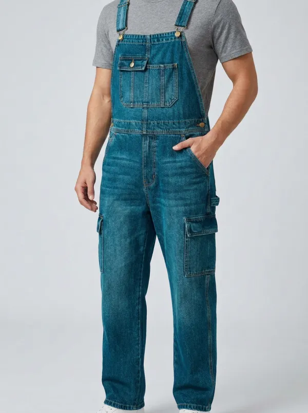 Men's Casual Workwear Blue Denim Cargo Overalls