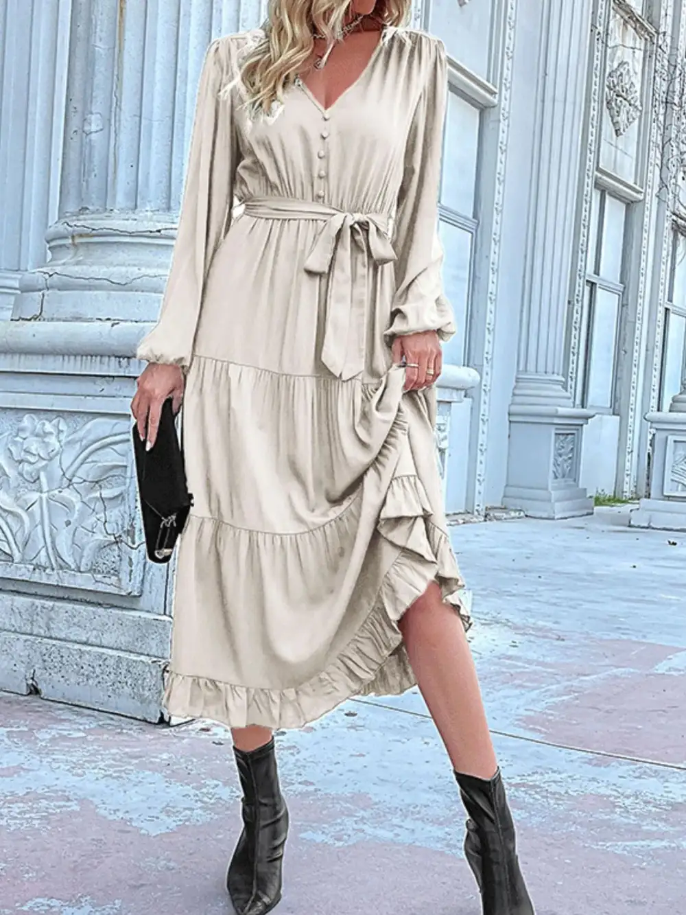Smooth Finish V Neck Ruffle Dress