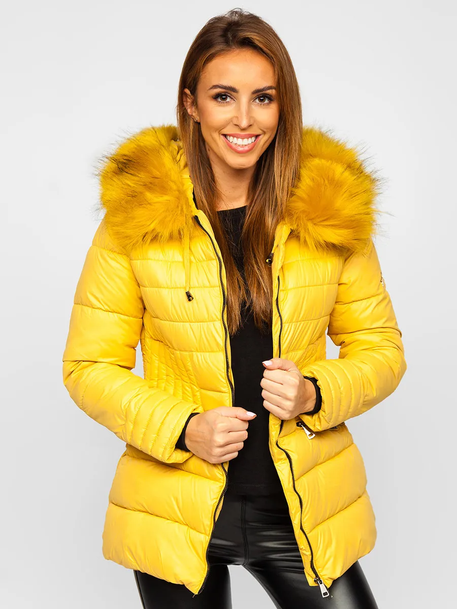 Women's yellow quilted winter jacket with hood