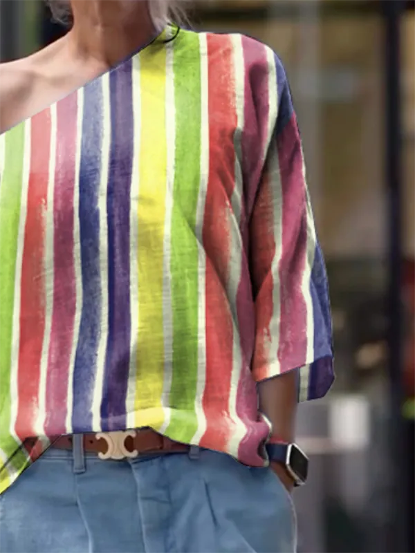 Long Sleeve Relaxed Contrast Stripe One Shoulder T-Shirt