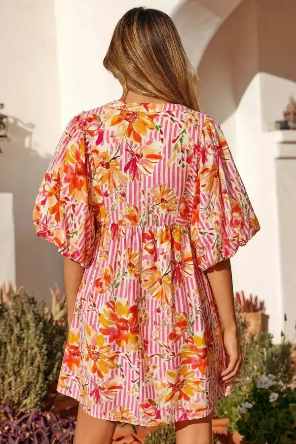 Floral Striped Puff Sleeve Mini Dress