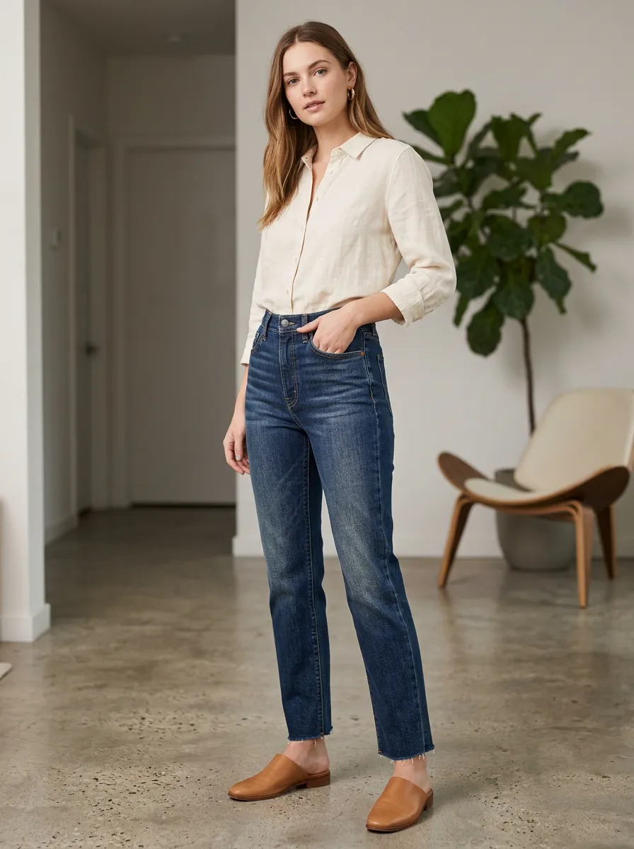 Women's High-Rise Raw Hem Dark Wash Denim Jeans