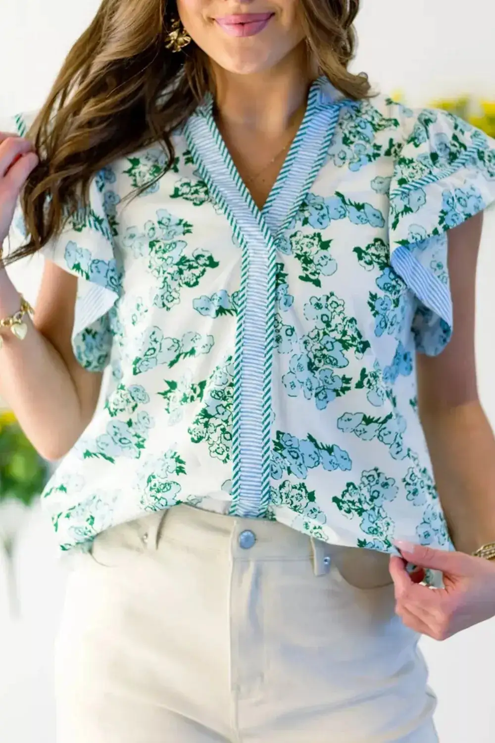 Floral Meets Stripes V Neck Flutter Sleeve