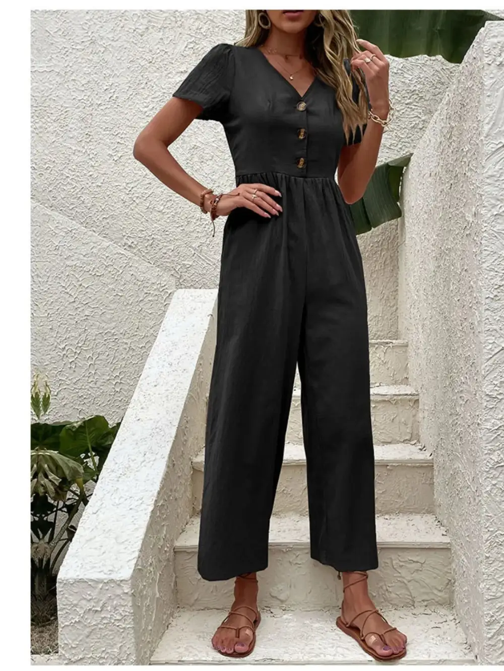 V Neck Short Sleeve Wide Leg Shorts