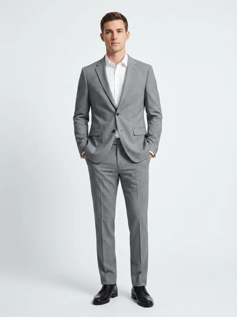 Men's Two Button Formal Business Grey Solid Color Tailored Suit