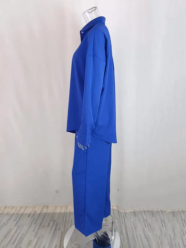 Long Sleeve Buttoned Pocket Blouse And Pants Set
