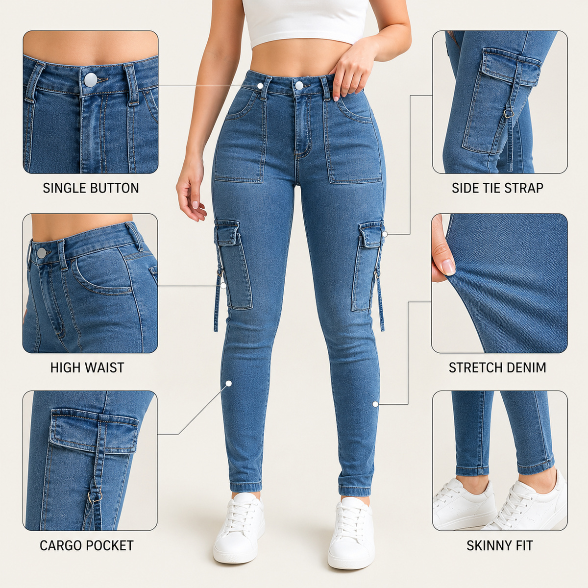 Detail breakdown for denim cargo pants