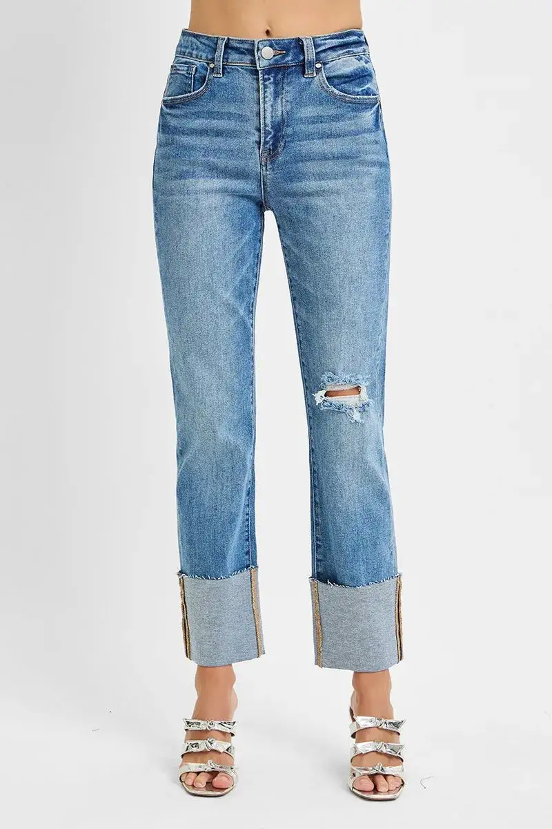 High-Rise Raw-Hem Distressed Washed Wide Straight Jeans