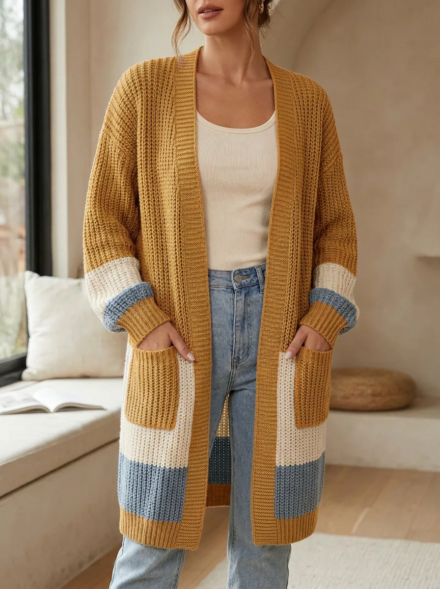 Women's Colorblock Waffle Knit Long Cardigan
