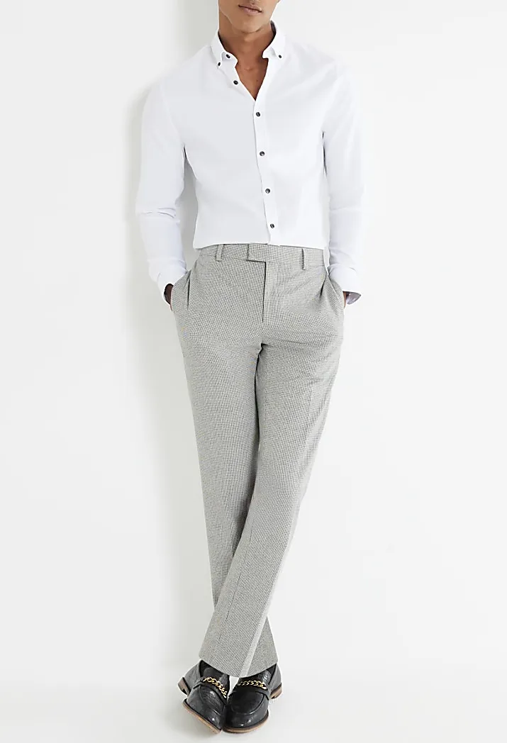 Men's White Long Sleeve Textured Slim Fit Shirt