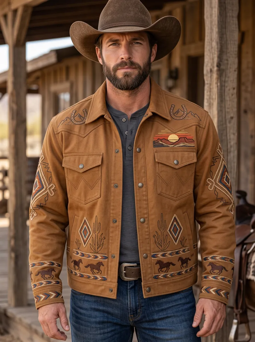 Men's Western Cowboy Horse Cactus Sunset Sun Jacket