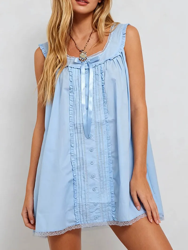 Lace Trim Bow Sleeveless Babydoll Mini Dress