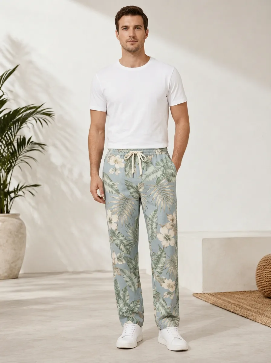 Men's Hibiscus Leaf Botanical Inspired Printed Pants