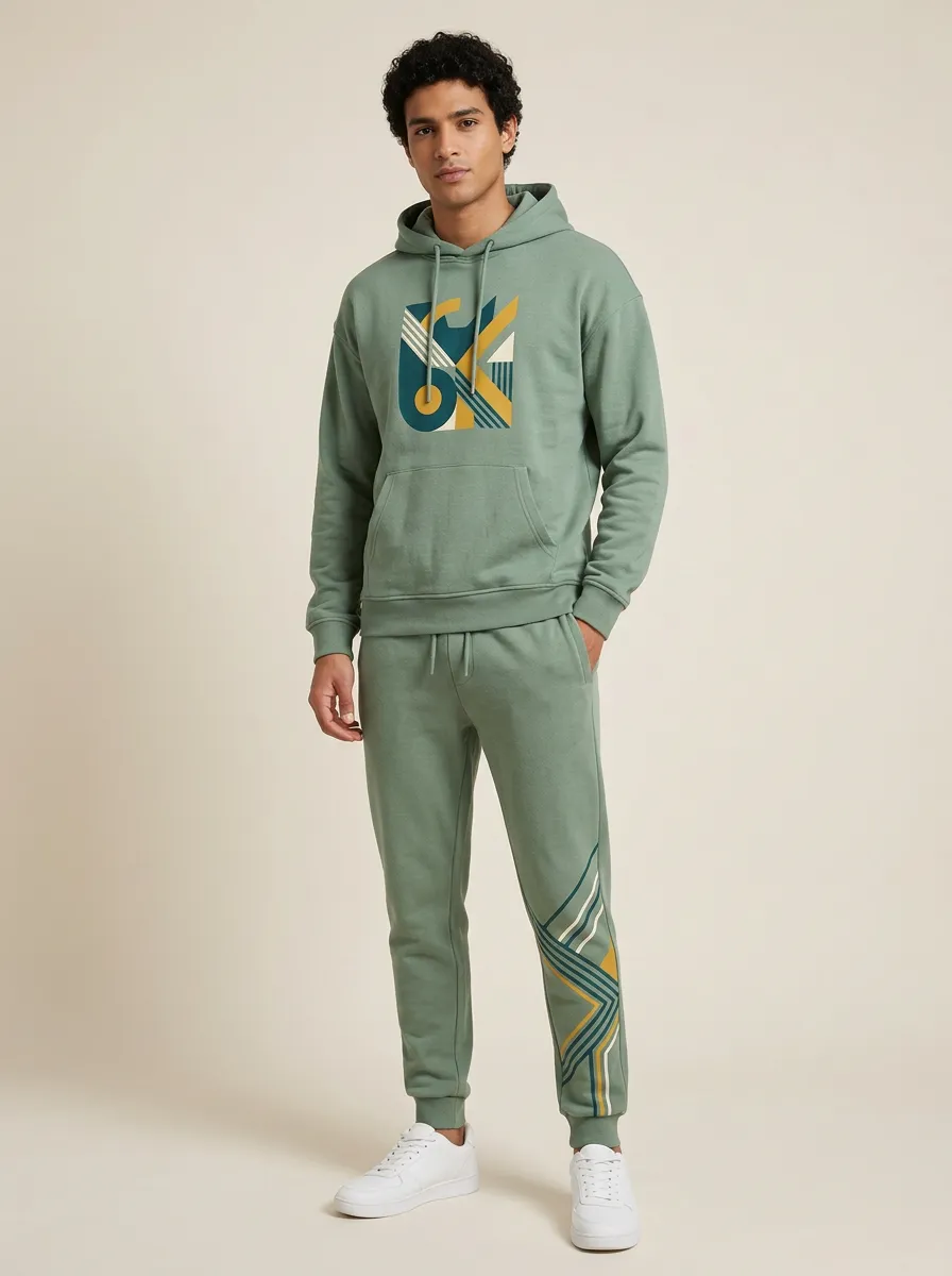 Men's Geometric Graphic Sage Green Printed Tracksuit