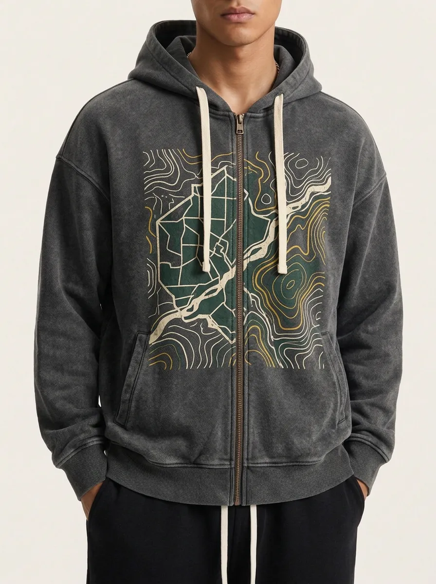 Men's Outdoor Explorer Topographic Map Topographic Detail Zip-Up Hoodie