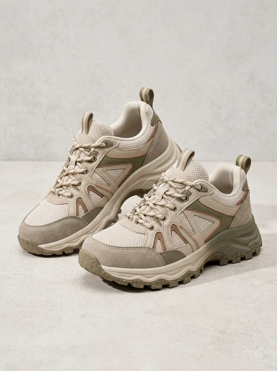 Women's Khaki Green Mesh Patterned Low Top Casual Shoes with Pathway Style