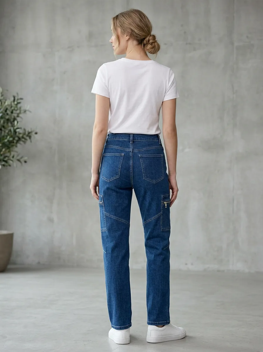 Women's Casual Style Blue Denim Cargo Pocket Jeans