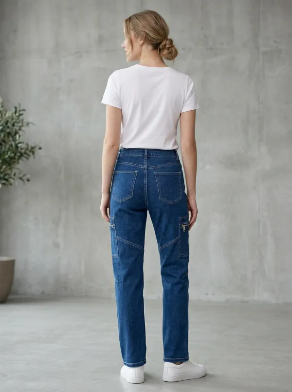 Women's Casual Style Blue Denim Cargo Pocket Jeans