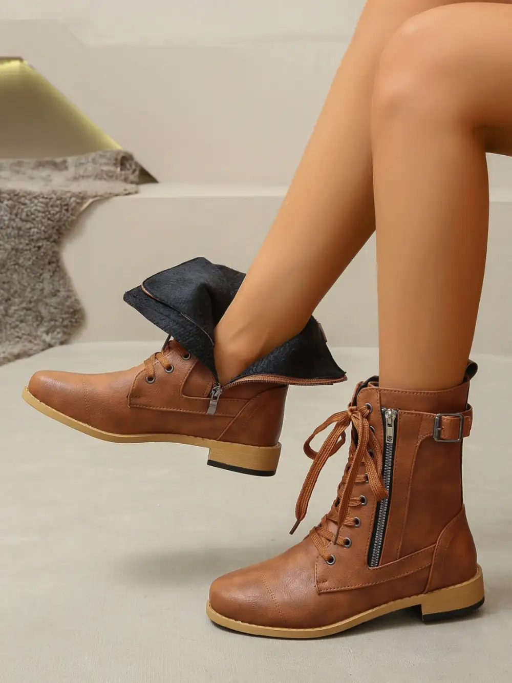 Pu Leather Lace-Up Boots