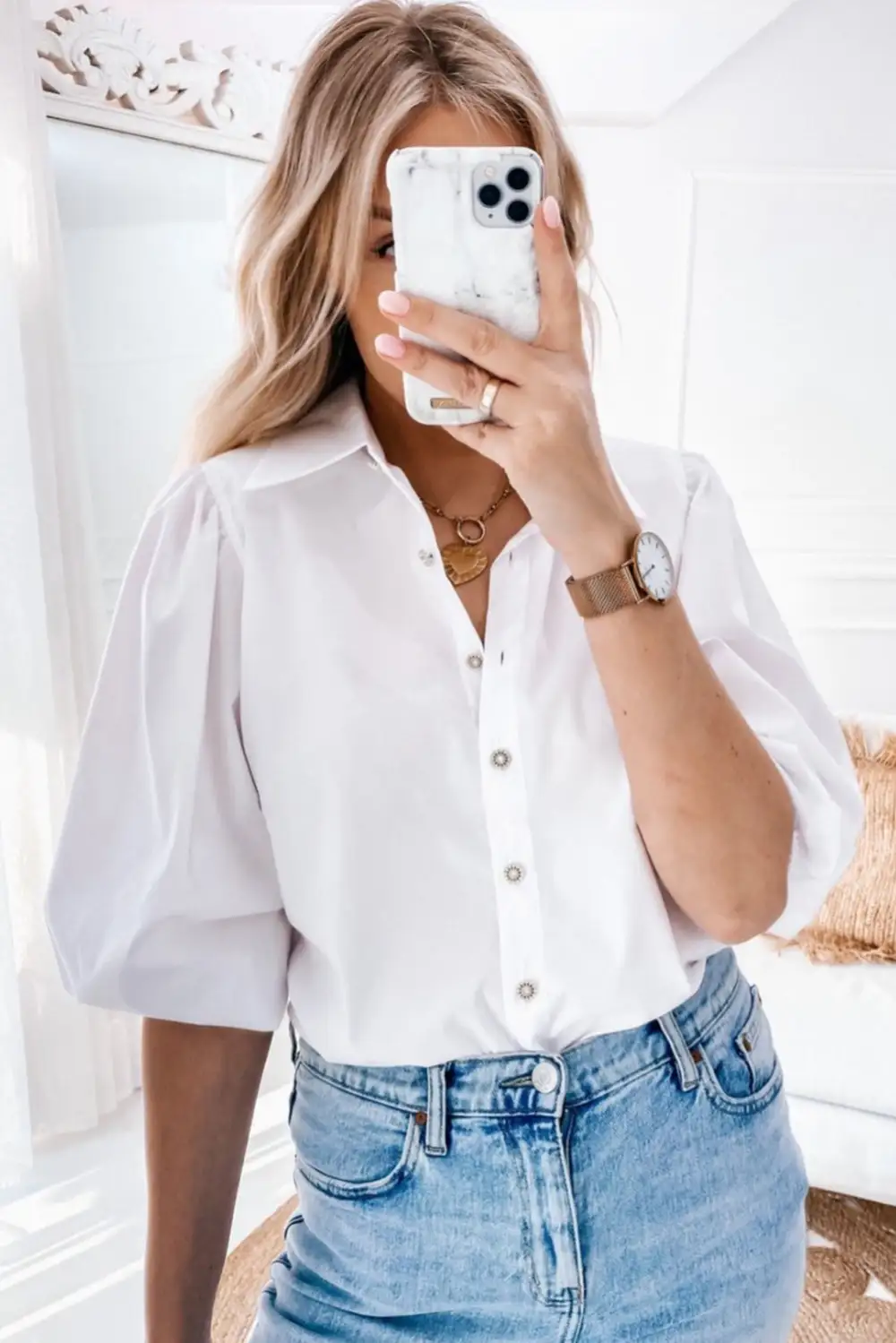 Turn-Down Neck Puff Sleeve Shirt