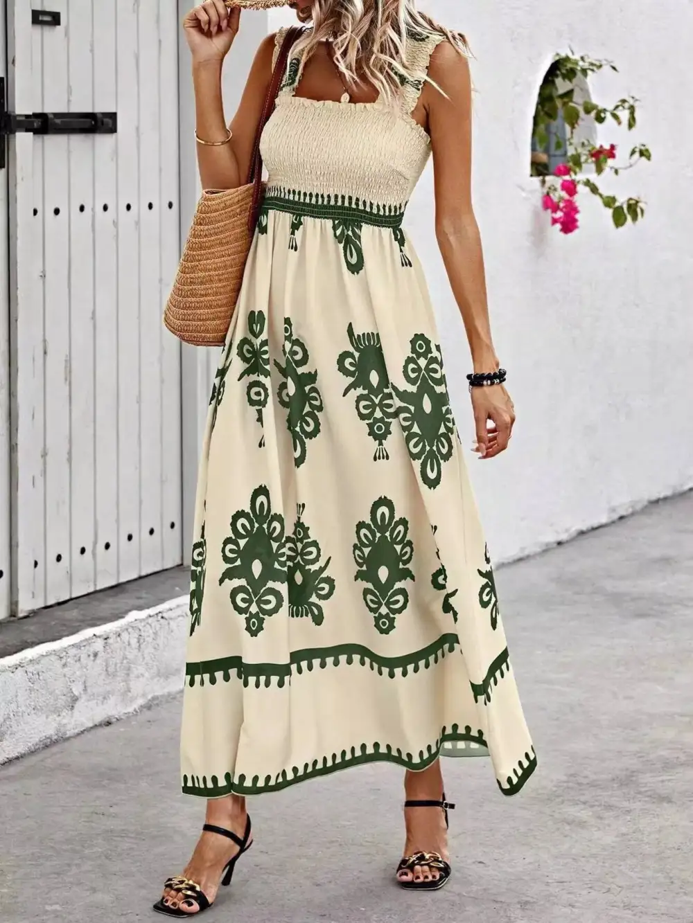 Printed Square Neck Smocked Maxi Dress