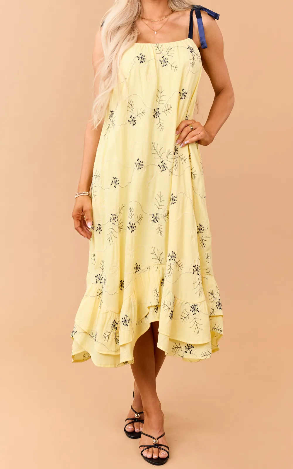 Floral Embroidered Tie-Strap Midi Dress