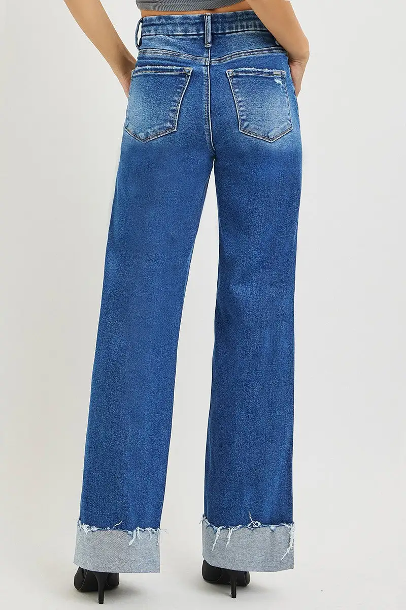 High Rise Raw Hem Cuffed Hem Relaxed Wide Leg Jeans