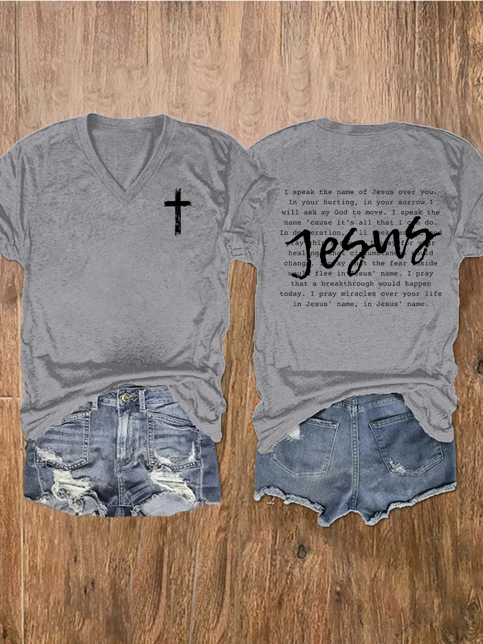 Women's Jesus Print V-Neck T-Shirt