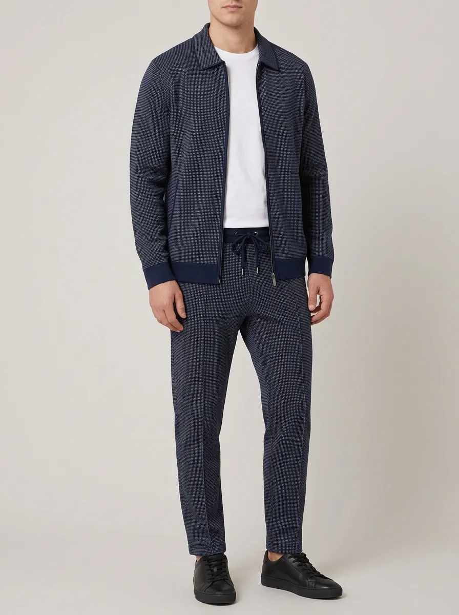 Men's Micro-Grid Polo Collar Jacket and Jogger Pants Set
