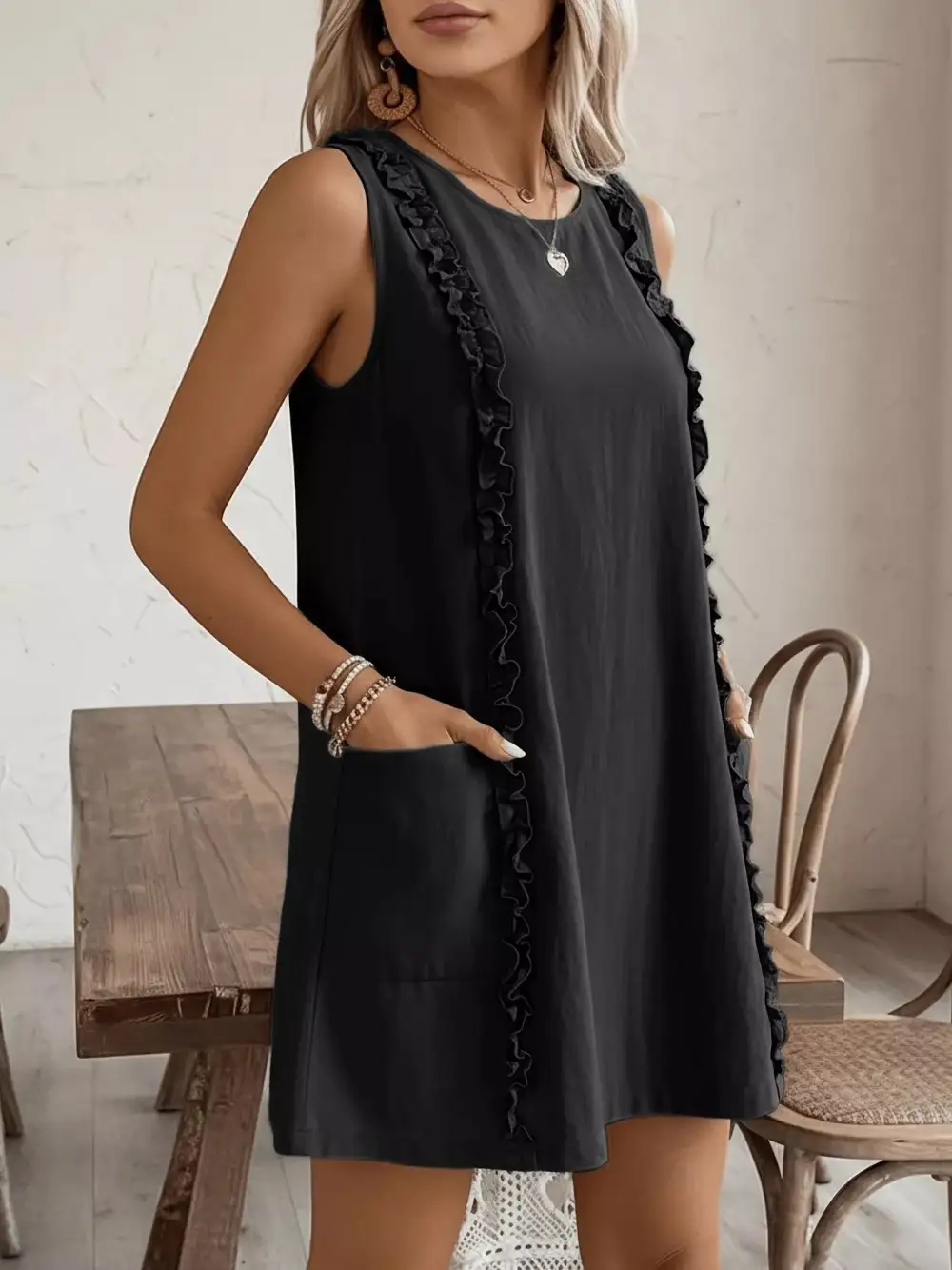 Round Neck Ruffle Sleeveless Dress Casual