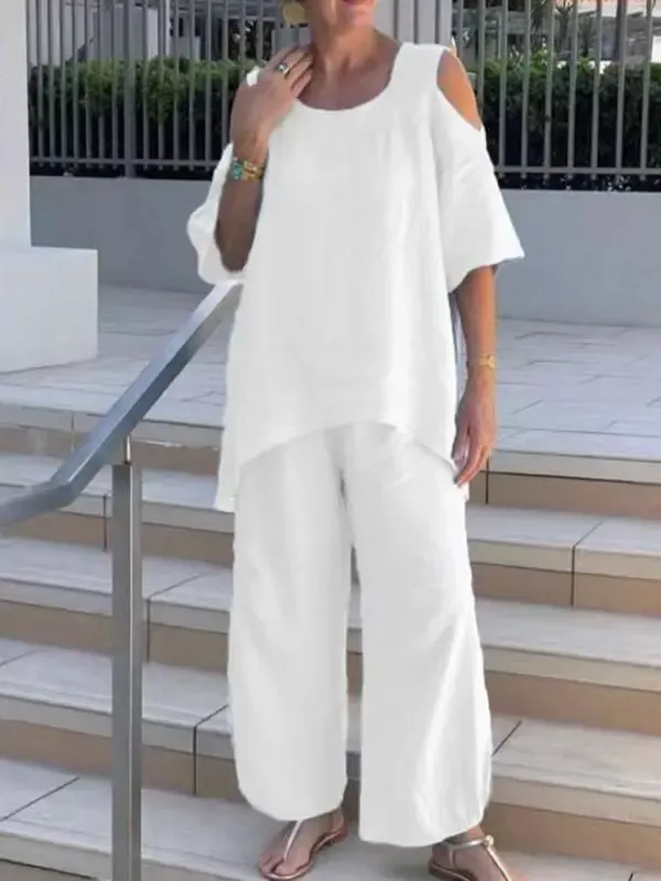 Solid Color Fashionable Round Neck Pullover Short Sleeve Pants Suit