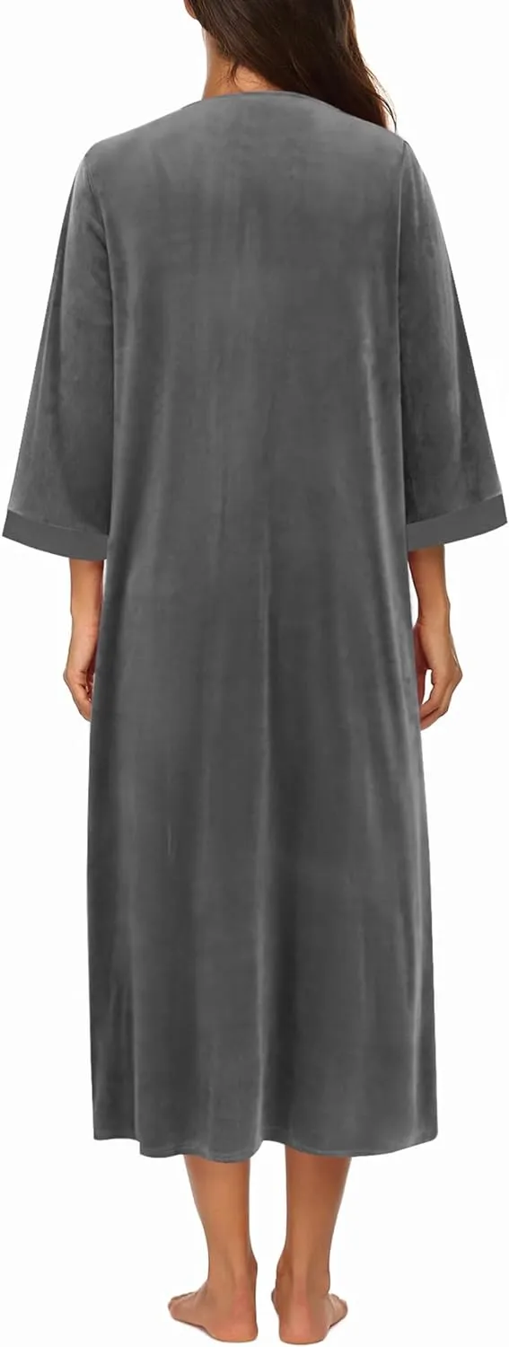 50% OFF Women Zipper Robe 3/4 Sleeves Loungewear Dress Full Length Sleepwear Pockets Housecoat Nightgown Long Bathrobe