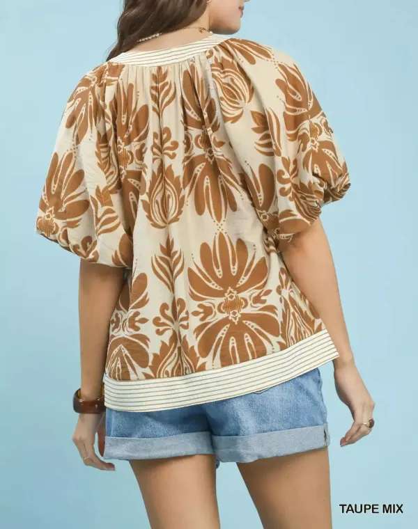 Mix Printed Puff Sleeve Top With Contrast Trim