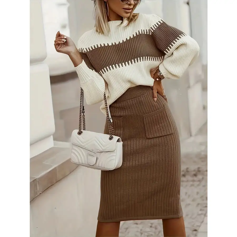 Two Tone Ribbed Knit Top and Skirt Sweater Set