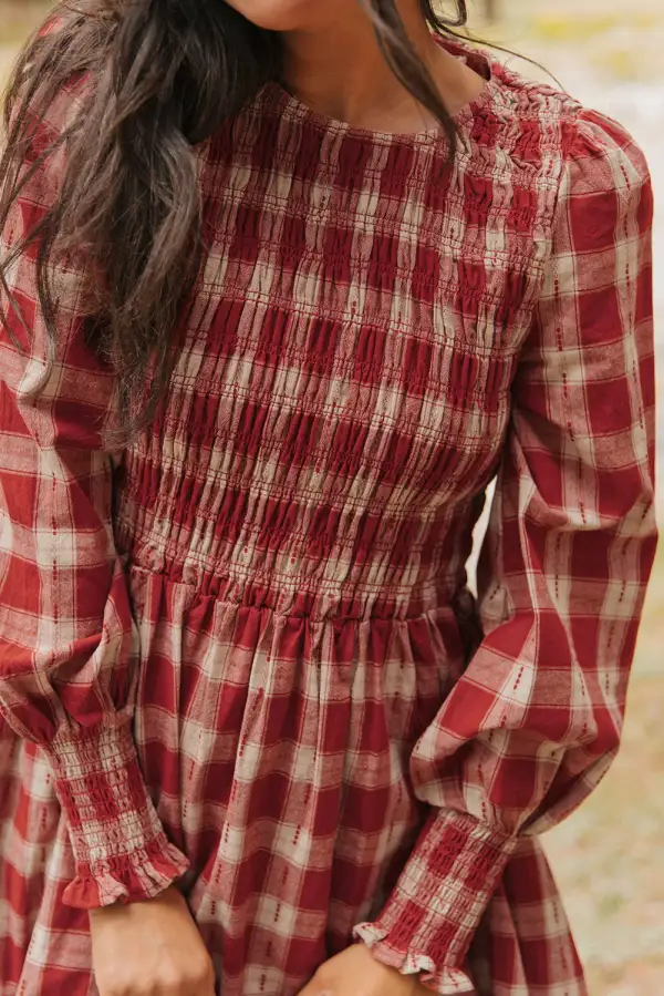 Plaid Print Smocked Puff Sleeve Mini Dress