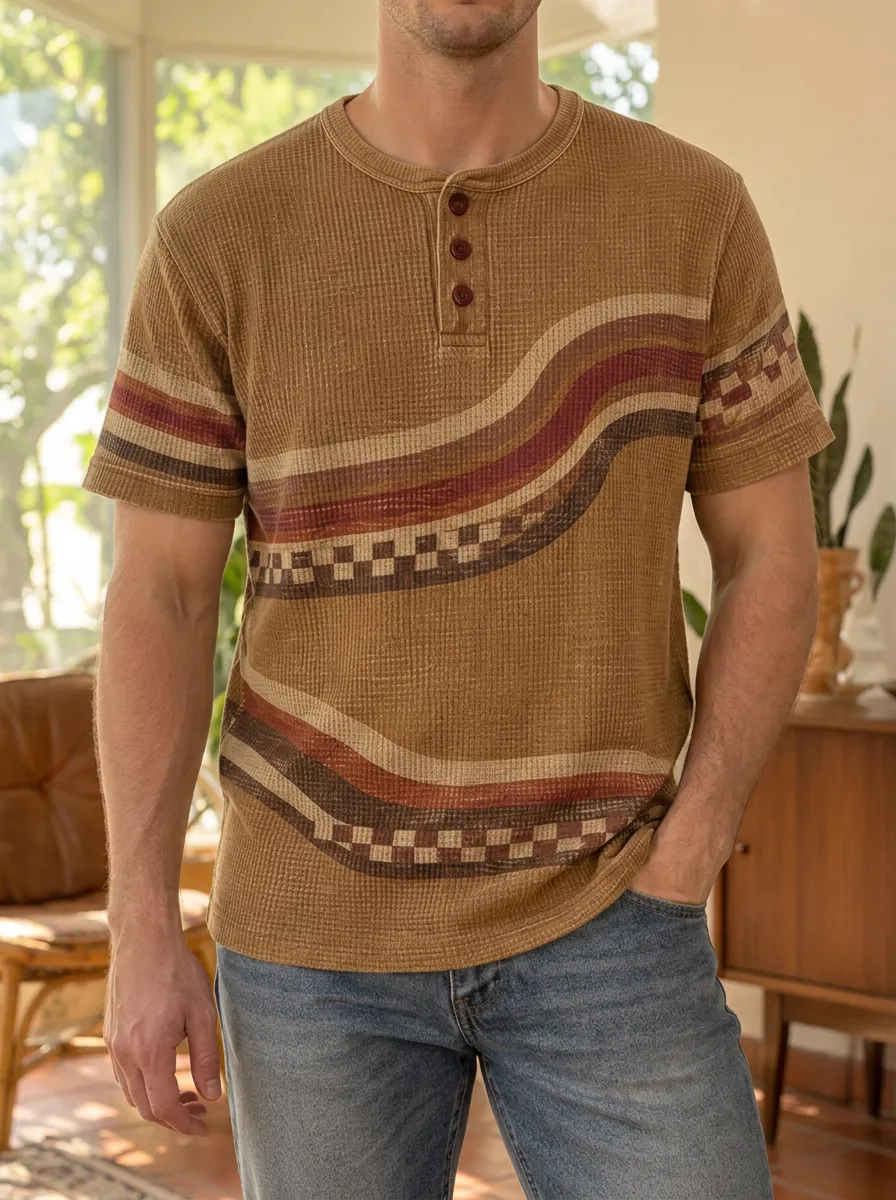 Men's Classic Vintage Retro Waffle Knit Striped Checkerboard Henley T-Shirt