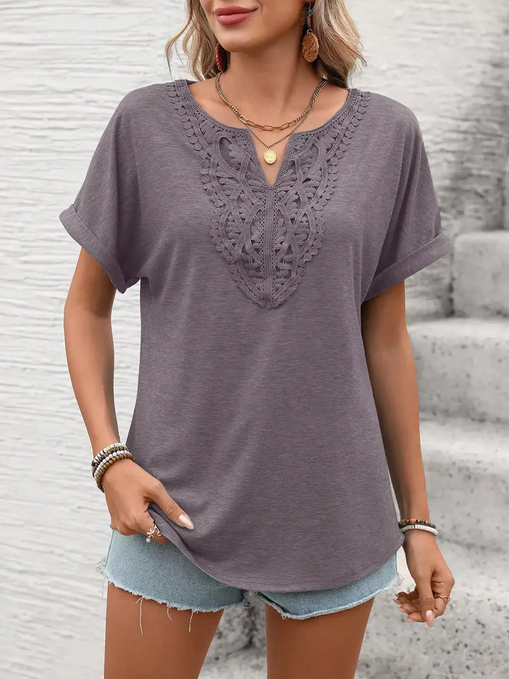 Lace Trim Detail Short Sleeve T-Shirt