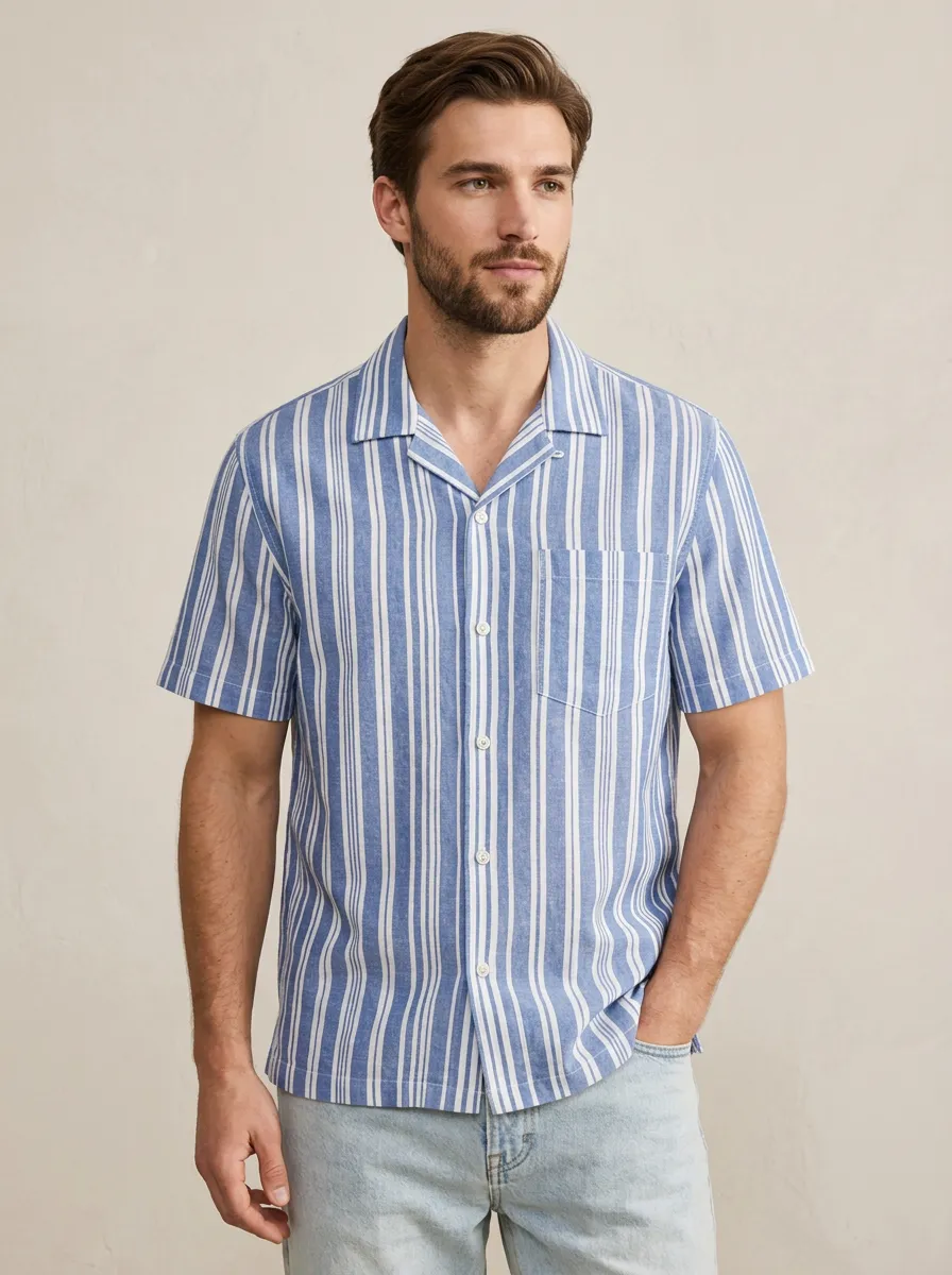 Men's Casual Summer Blue White Striped Printed Short Sleeve Shirt