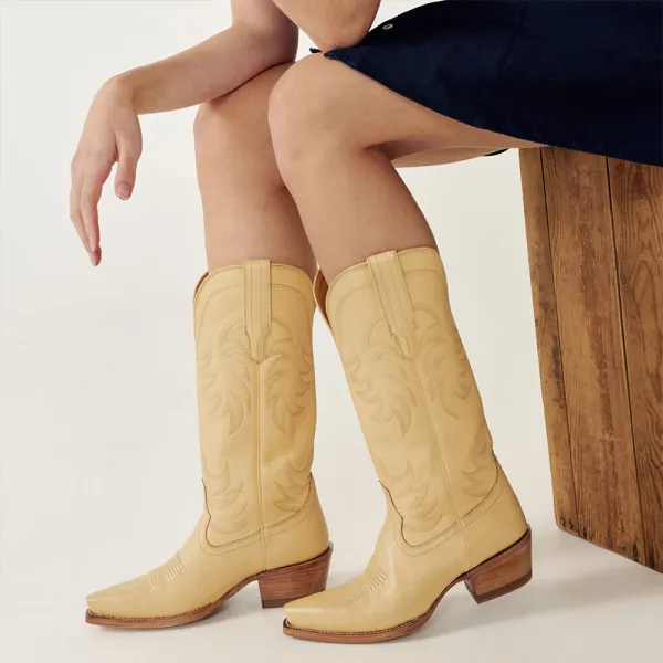 Faux-Leather Embroidered Snip-Toe Block-Heel Mid-Calf Boots