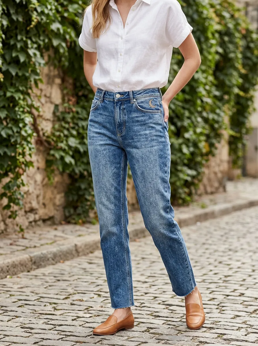 Women's Celestial Moon Embroidered Printed Jeans