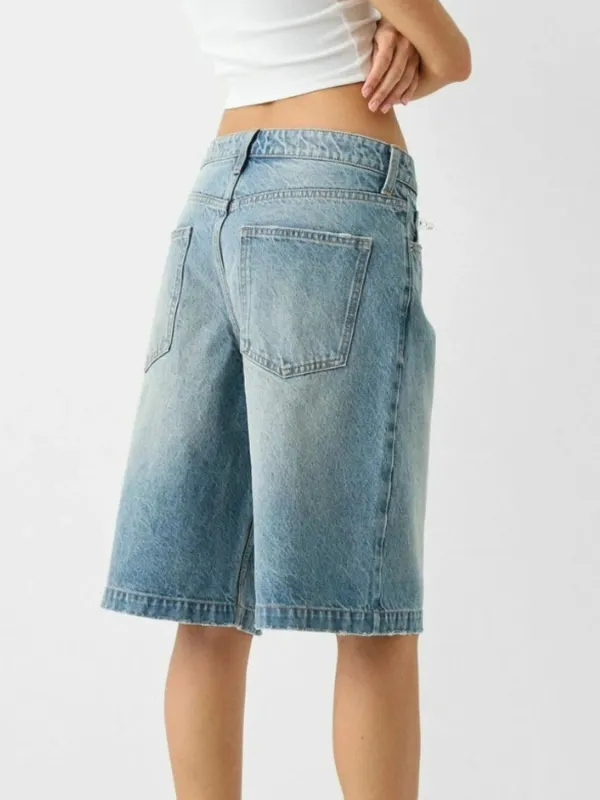 Textured High Waist Denim Shorts with Pockets