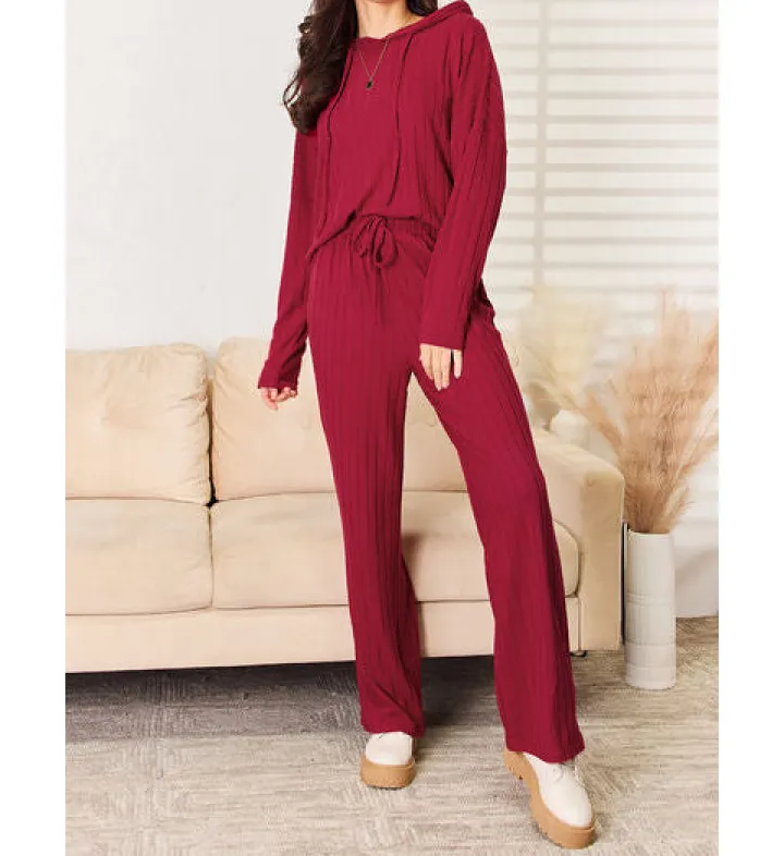 Basic Ribbed Drawstring Hood Top and Straight Pants Set