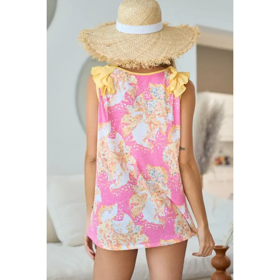 V-Neck Ruffled Printed Tank Top