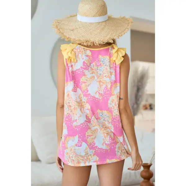V-Neck Ruffled Printed Tank Top