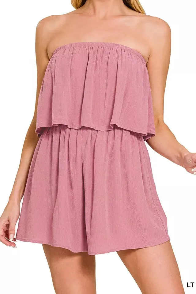 Zenana Woven Crinkle Strapless Rompers