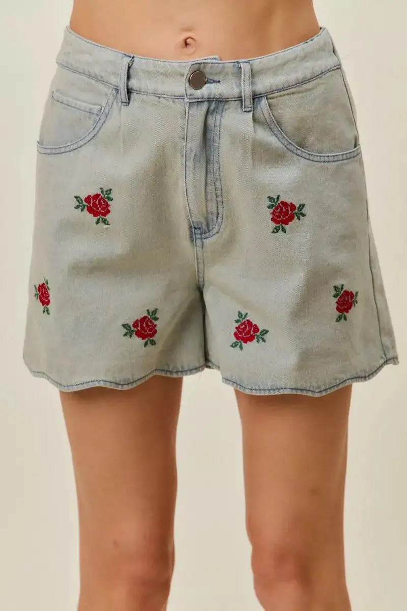Rose Embroidery High Rise Scallop Hem Denim Shorts