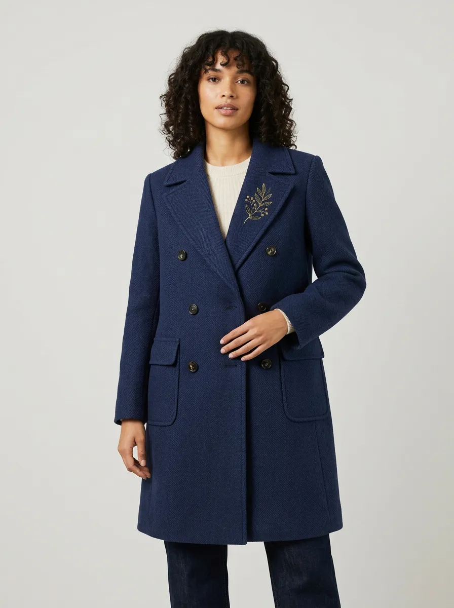 Women's Gold Leaf Branch Printed Double-Breasted Coat