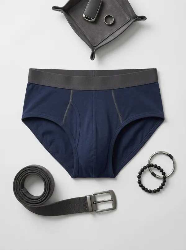 Men's Navy Blue Solid Color Elastic Waistband Briefs