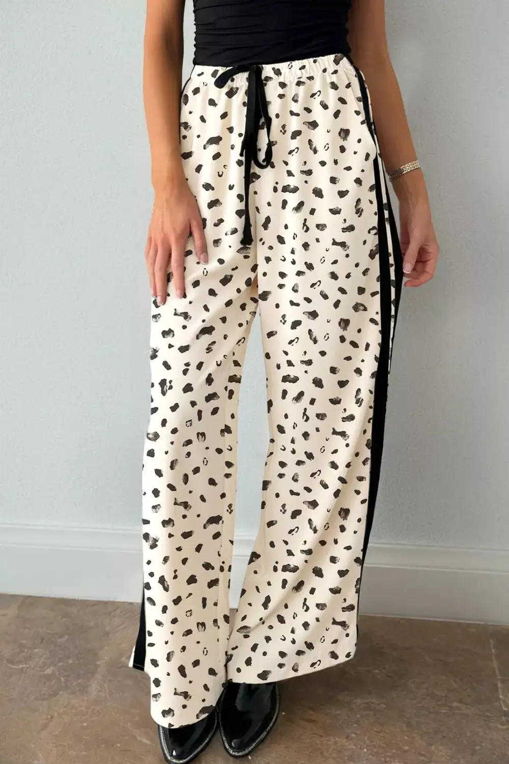 Leopard Print Side Stripe Detail Loose Drawstring Pants